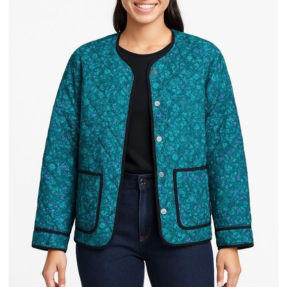 Carlisle Collection Blue Floral Snap Front Collared Silk Quilted Jacket Size 12 - Picture 2 of 9
